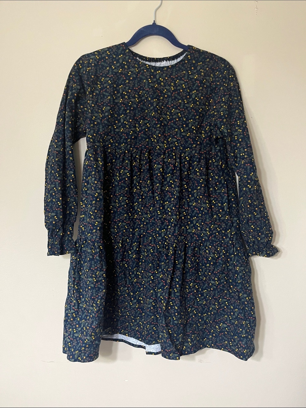 Girls' Floral Long-Sleeve Navy Tiered Dress